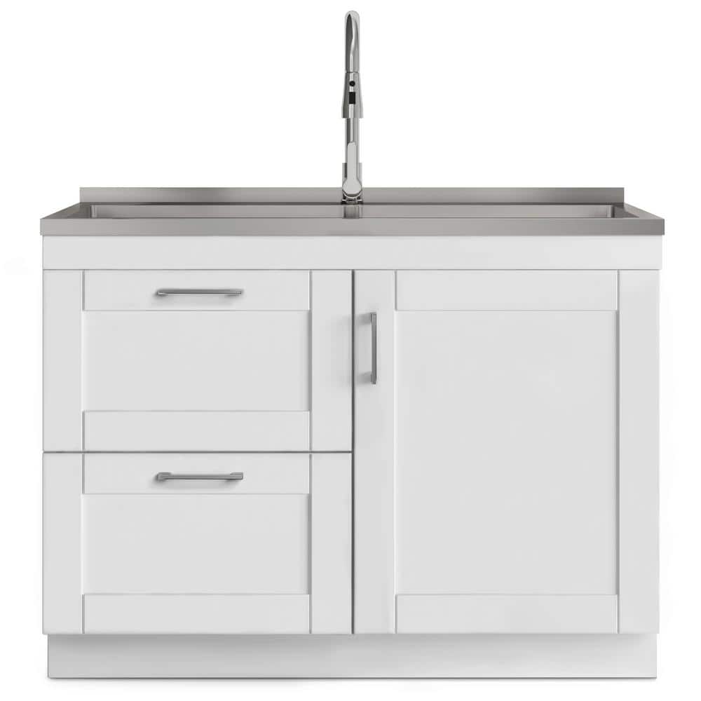 Simpli Home Modern Wide Shaker Transitional 46 in. wall mount Laundry sink with Cabinet Faucet and Stainless Steel Sink in White