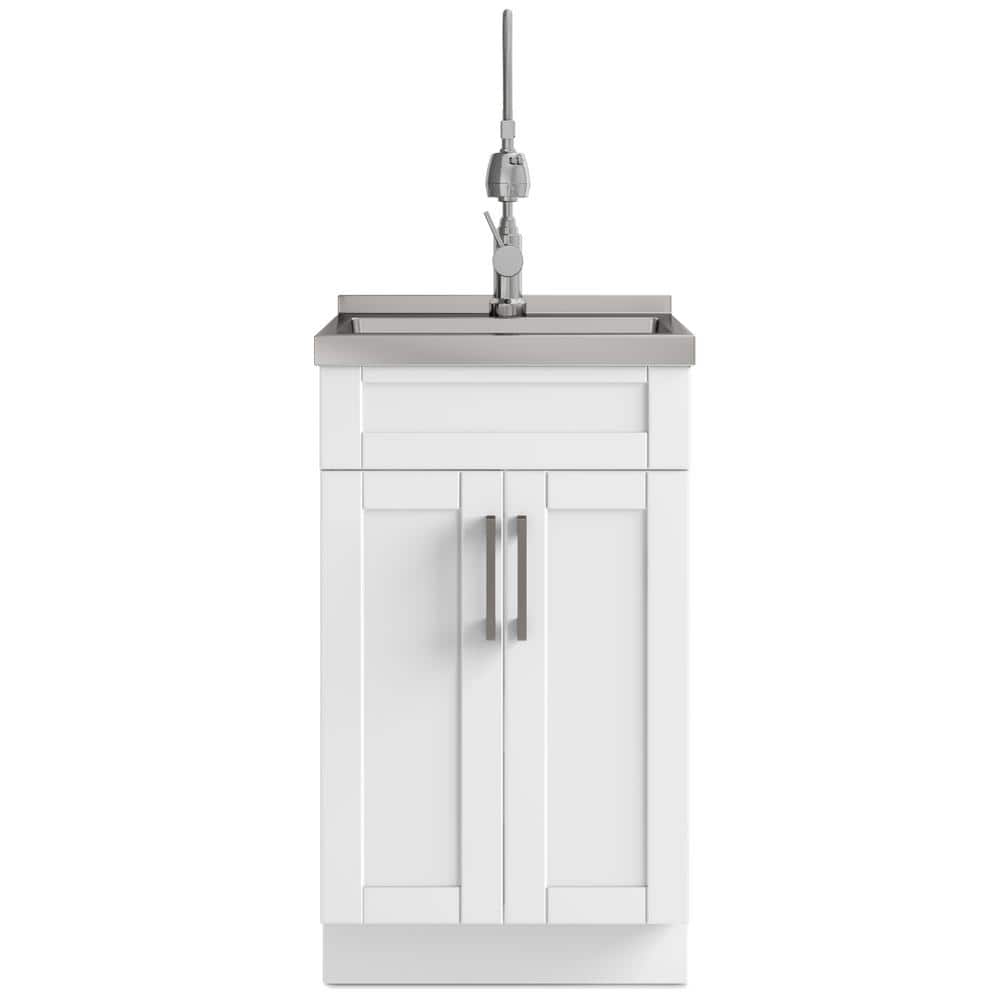 Simpli Home Hennessy Transitional 20 in. Deluxe Laundry Cabinet with Faucet and Stainless Steel Sink in White