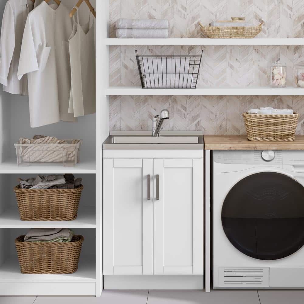 Simpli Home Kyle Transitional 24 in. Wall Mount Laundry Sink with Cabinet Faucet and Stainless Steel Sink in White