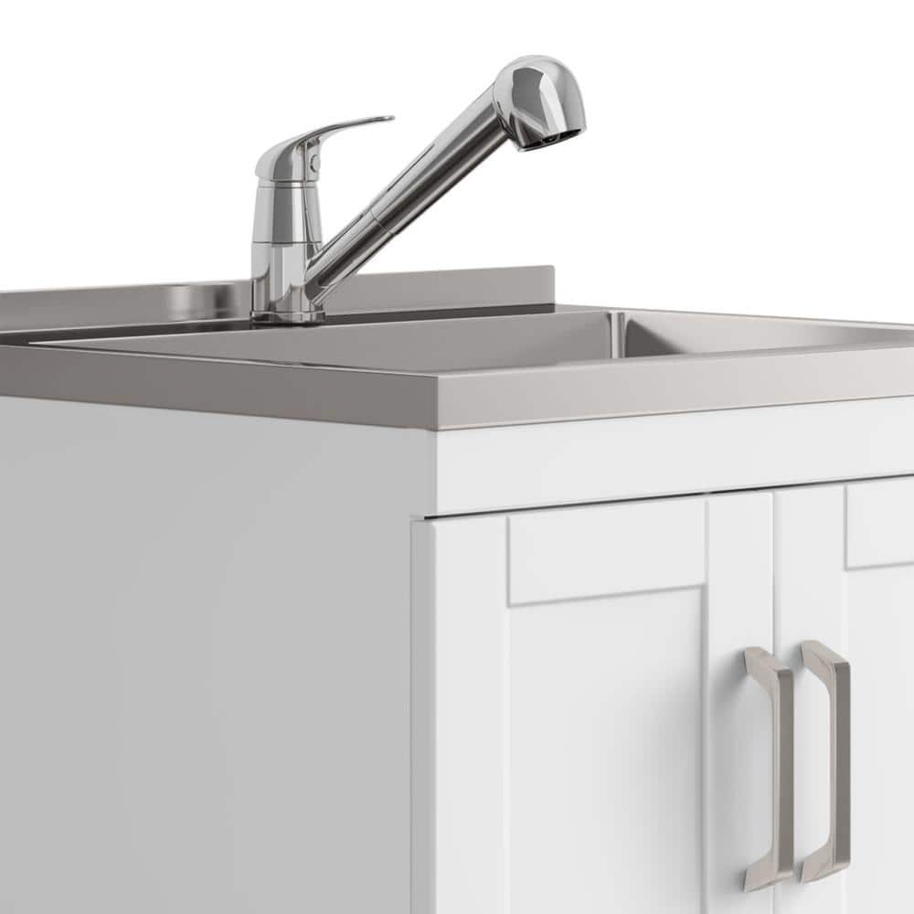 Simpli Home Kyle Transitional 24 in. Wall Mount Laundry Sink with Cabinet Faucet and Stainless Steel Sink in White