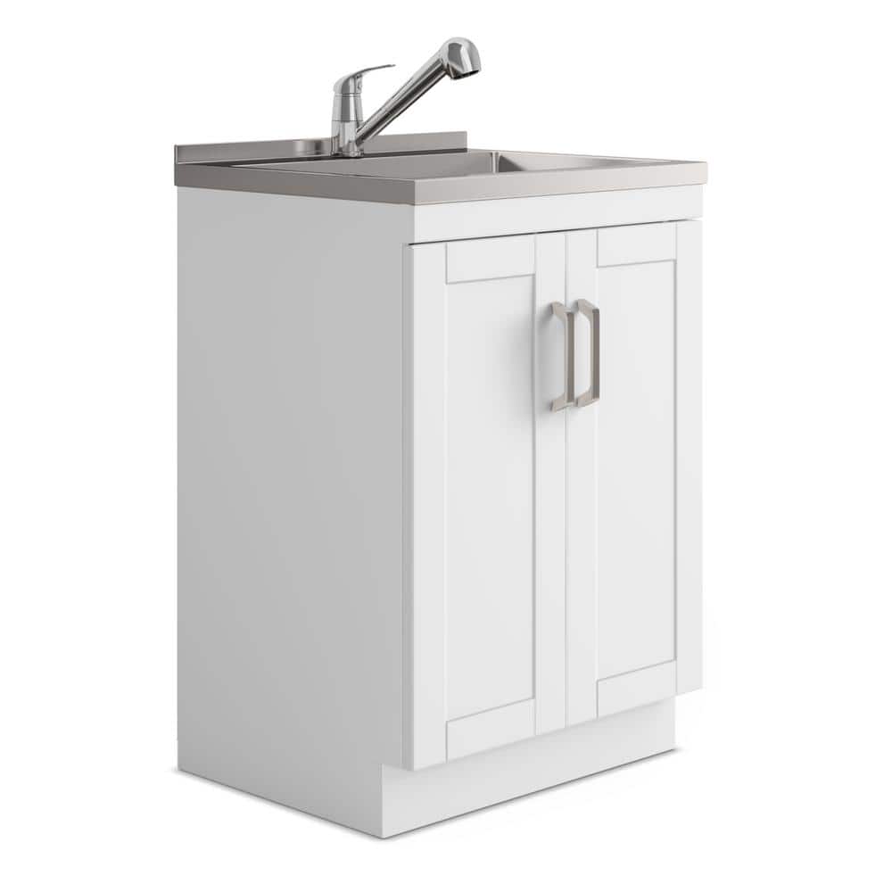 Simpli Home Kyle Transitional 24 in. Wall Mount Laundry Sink with Cabinet Faucet and Stainless Steel Sink in White