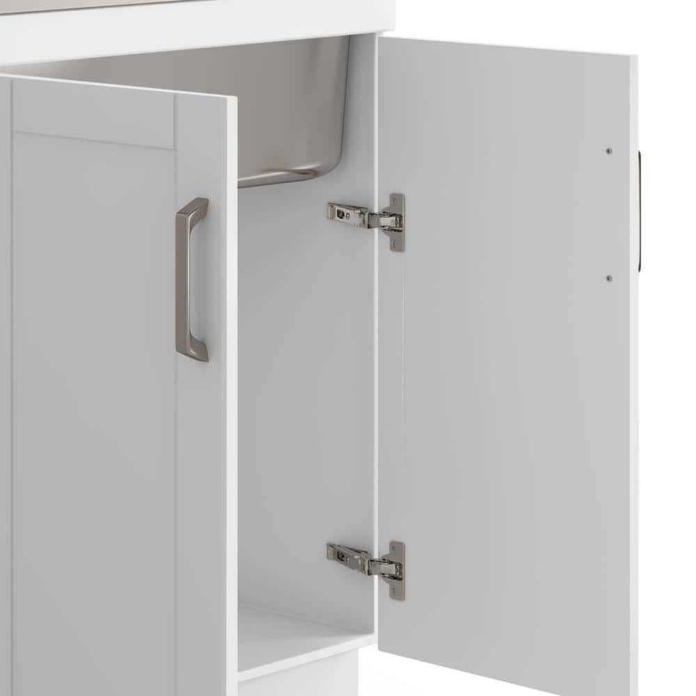 Simpli Home Kyle Transitional 28 in. Wall Mount Laundry Sink with Cabinet Faucet and Stainless Steel Sink in White