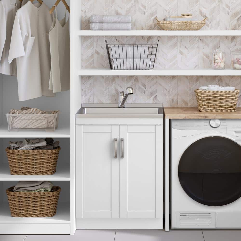 Simpli Home Kyle Transitional 28 in. Wall Mount Laundry Sink with Cabinet Faucet and Stainless Steel Sink in White