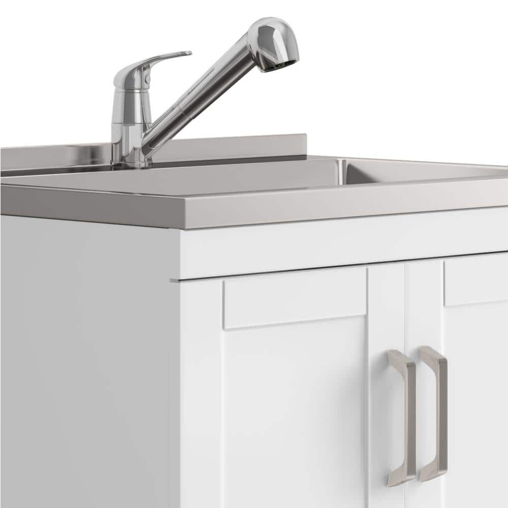 Simpli Home Kyle Transitional 28 in. Wall Mount Laundry Sink with Cabinet Faucet and Stainless Steel Sink in White