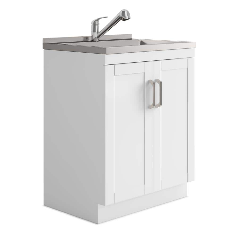 Simpli Home Kyle Transitional 28 in. Wall Mount Laundry Sink with Cabinet Faucet and Stainless Steel Sink in White