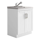 Simpli Home Kyle Transitional 28 in. Wall Mount Laundry Sink with Cabinet Faucet and Stainless Steel Sink in White