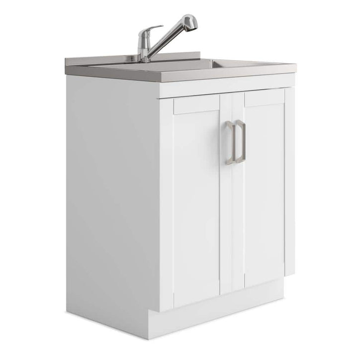 Simpli Home Kyle Transitional 28 in. Wall Mount Laundry Sink with Cabinet Faucet and Stainless Steel Sink in White