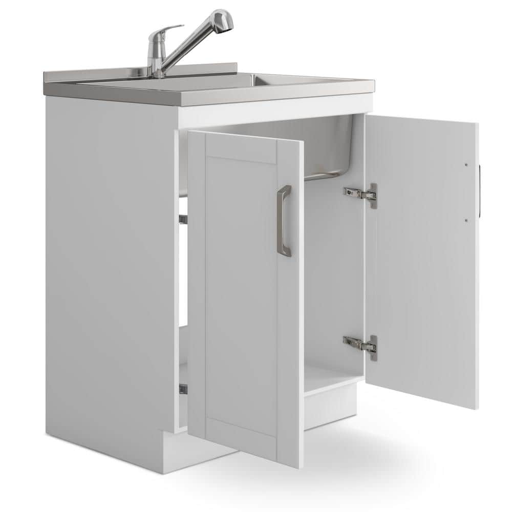 Simpli Home Kyle Transitional 28 in. Wall Mount Laundry Sink with Cabinet Faucet and Stainless Steel Sink in White