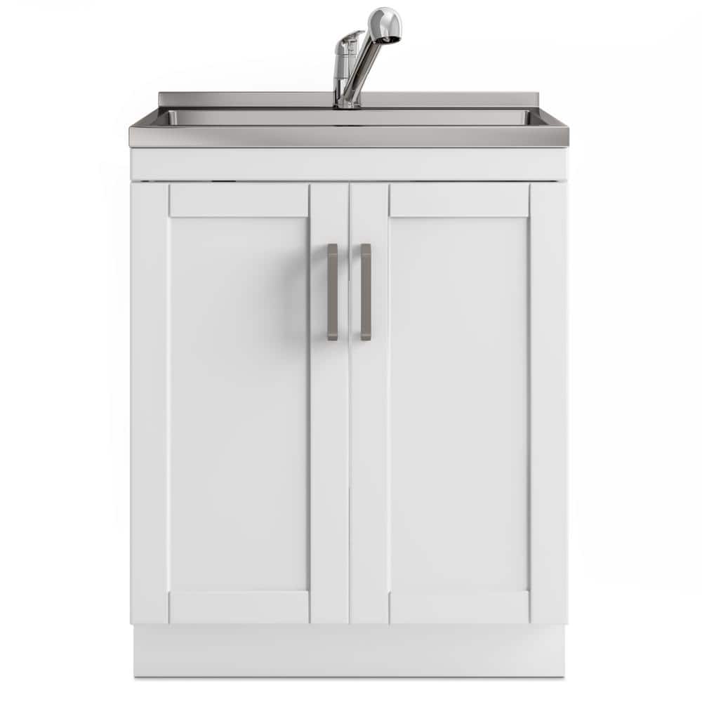 Simpli Home Kyle Transitional 28 in. Wall Mount Laundry Sink with Cabinet Faucet and Stainless Steel Sink in White