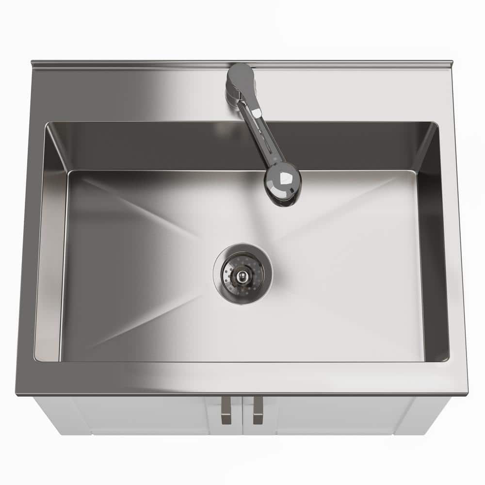 Simpli Home Kyle Transitional 28 in. Wall Mount Laundry Sink with Cabinet Faucet and Stainless Steel Sink in White