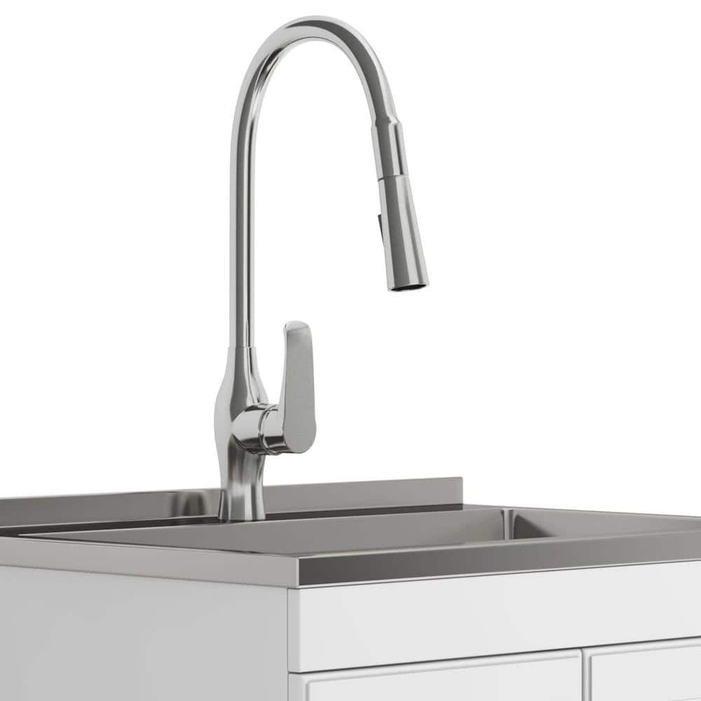 Simpli Home Lawrence Transitional 28 in. Wall Mount Laundry Sink with Cabinet Faucet and Stainless Steel Sink in Laundry White