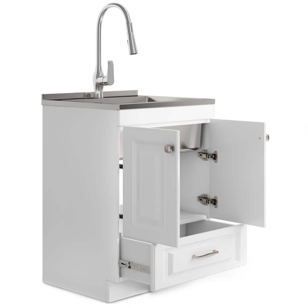 Simpli Home Lawrence Transitional 28 in. Wall Mount Laundry Sink with Cabinet Faucet and Stainless Steel Sink in Laundry White