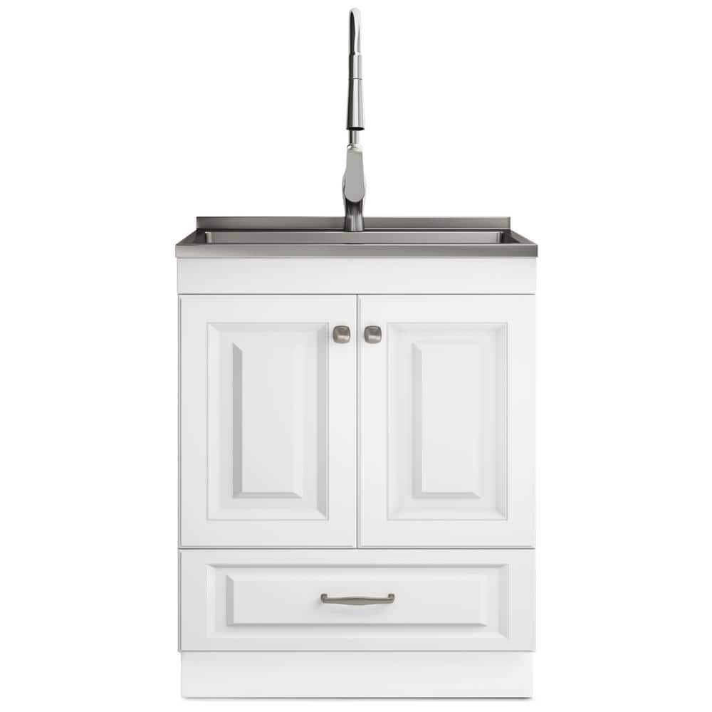 Simpli Home Lawrence Transitional 28 in. Wall Mount Laundry Sink with Cabinet Faucet and Stainless Steel Sink in Laundry White