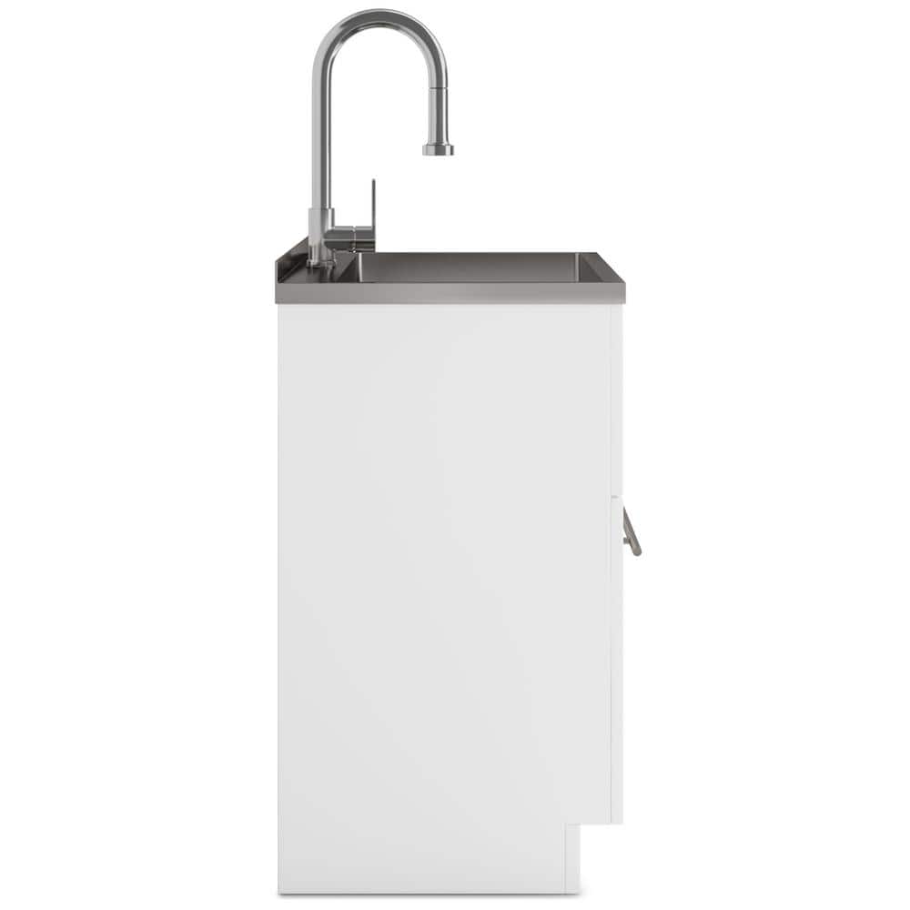 Simpli Home Metro Modern 28 in. Wall Mount Laundry Sink with Cabinet Faucet and Stainless Steel Sink in White