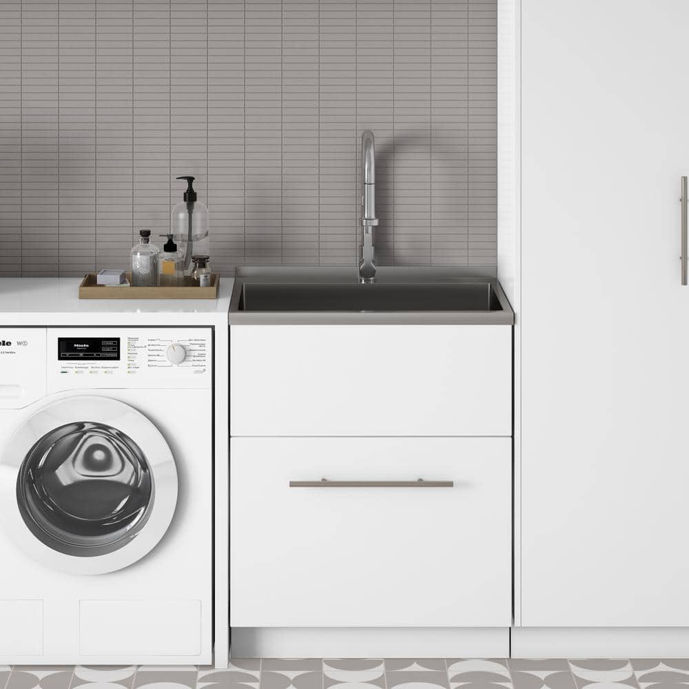Simpli Home Metro Modern 28 in. Wall Mount Laundry Sink with Cabinet Faucet and Stainless Steel Sink in White