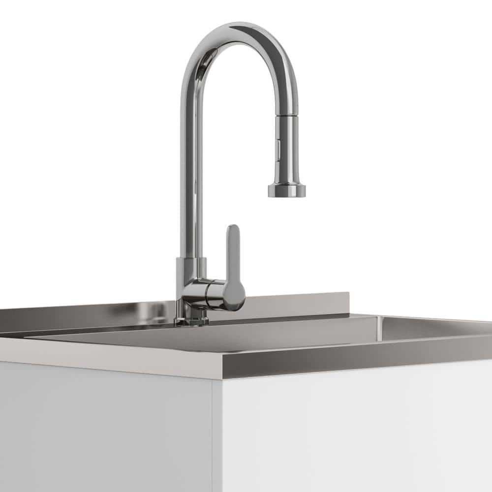 Simpli Home Metro Modern 28 in. Wall Mount Laundry Sink with Cabinet Faucet and Stainless Steel Sink in White