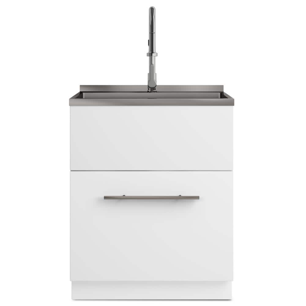 Simpli Home Metro Modern 28 in. Wall Mount Laundry Sink with Cabinet Faucet and Stainless Steel Sink in White