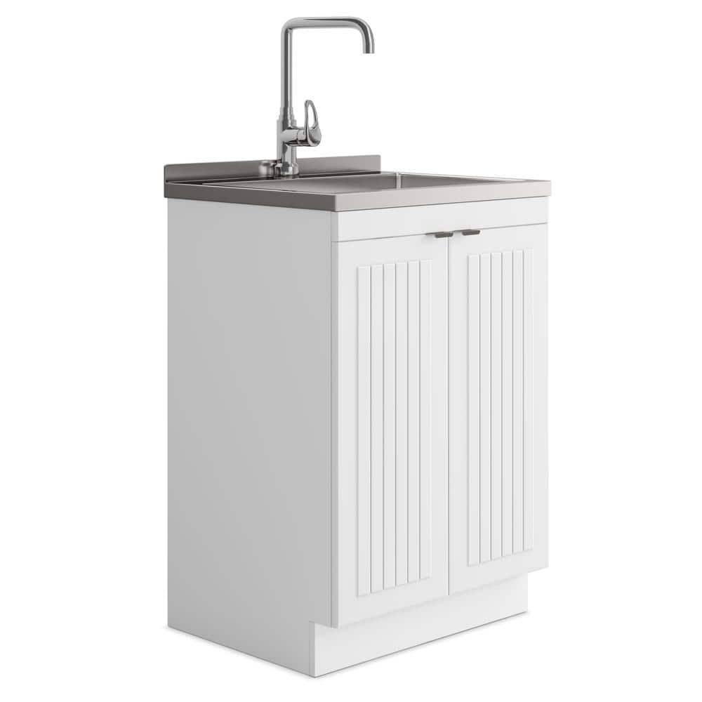 Simpli Home Murphy Transitional 24 in. wall mount Laundry sink with Cabinet Faucet and Stainless Steel Sink in White