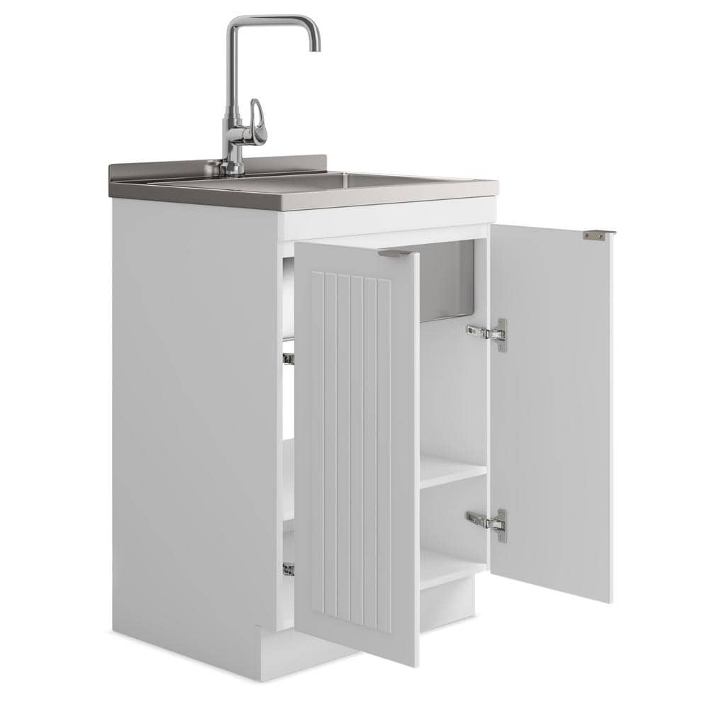 Simpli Home Murphy Transitional 24 in. wall mount Laundry sink with Cabinet Faucet and Stainless Steel Sink in White