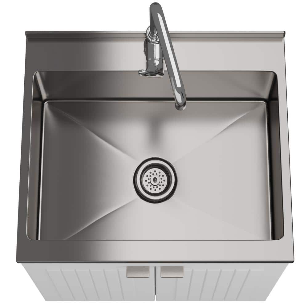 Simpli Home Murphy Transitional 24 in. wall mount Laundry sink with Cabinet Faucet and Stainless Steel Sink in White