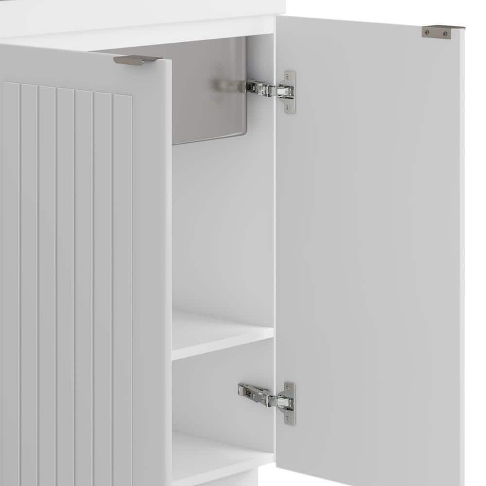 Simpli Home Murphy Transitional 28 in. wall mount Laundry sink with Cabinet Faucet and Stainless Steel Sink in White