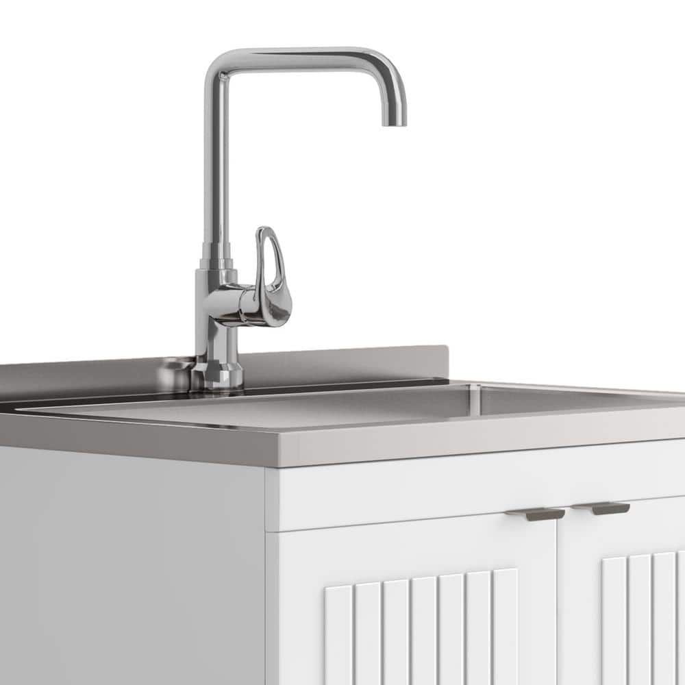 Simpli Home Murphy Transitional 28 in. wall mount Laundry sink with Cabinet Faucet and Stainless Steel Sink in White