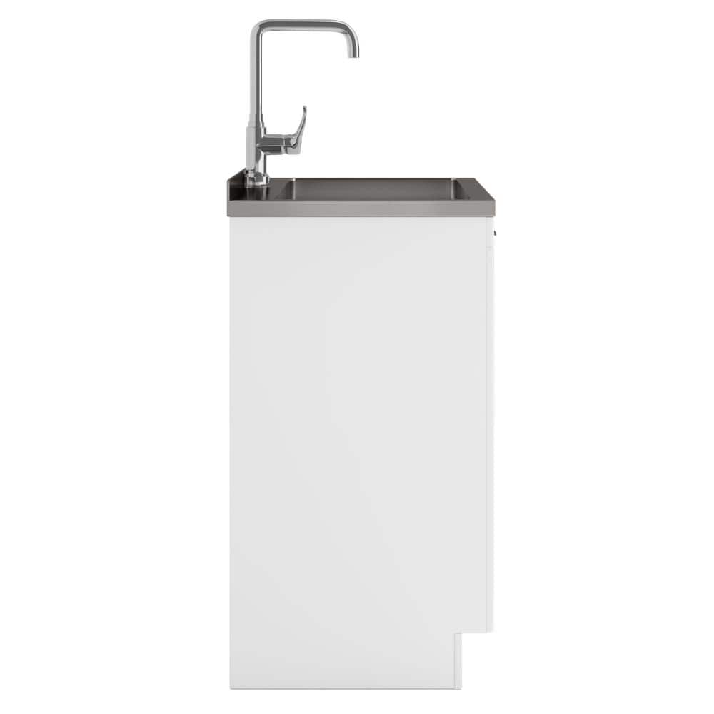 Simpli Home Murphy Transitional 28 in. wall mount Laundry sink with Cabinet Faucet and Stainless Steel Sink in White