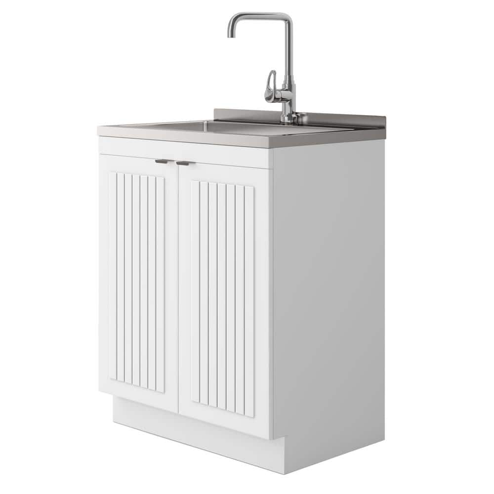 Simpli Home Murphy Transitional 28 in. wall mount Laundry sink with Cabinet Faucet and Stainless Steel Sink in White