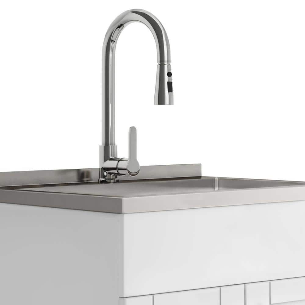 Simpli Home Modern Wide Shaker Transitional 28 in. Wall Mount Laundry Sink with Cabinet Faucet and Stainless Steel Sink in White