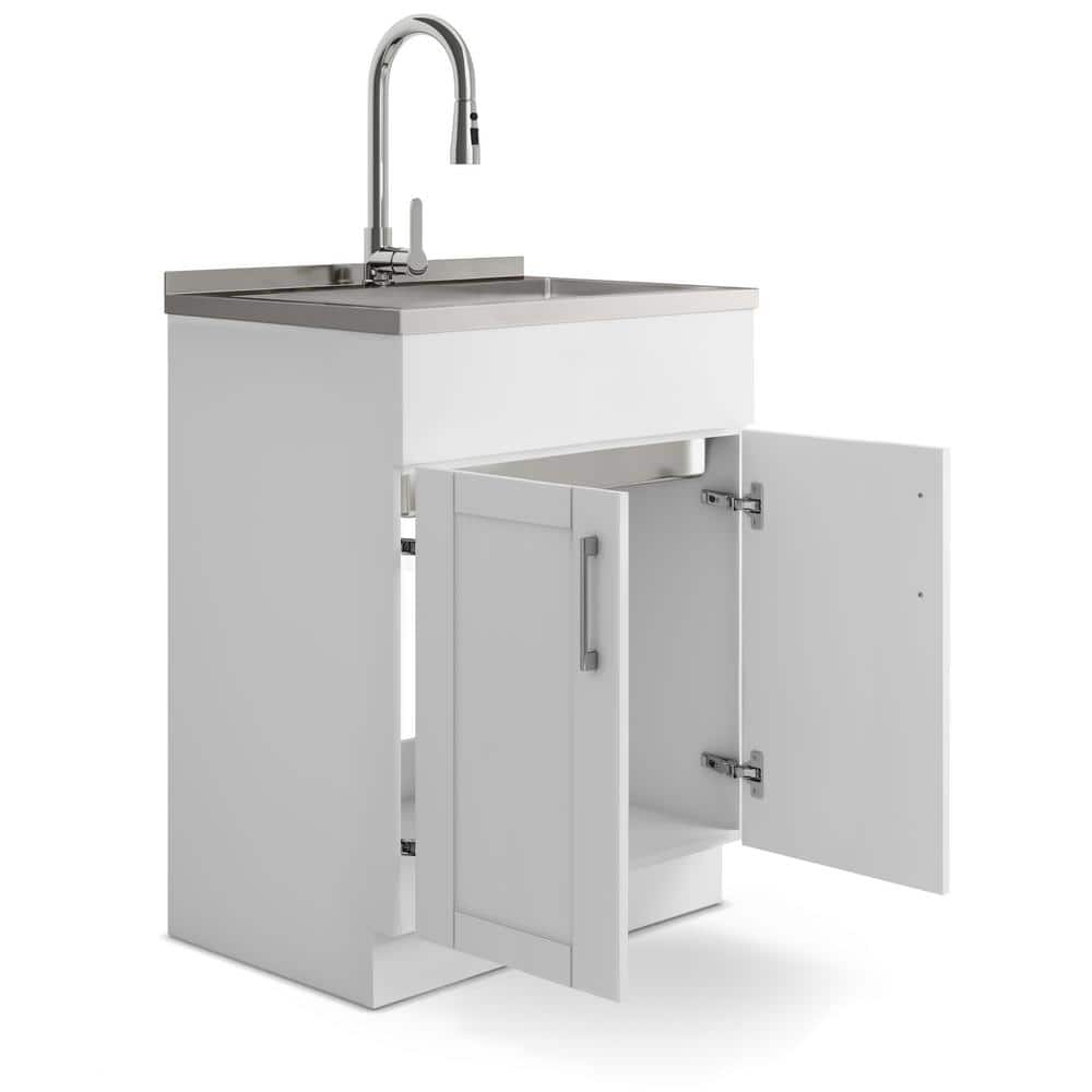 Simpli Home Modern Wide Shaker Transitional 28 in. Wall Mount Laundry Sink with Cabinet Faucet and Stainless Steel Sink in White