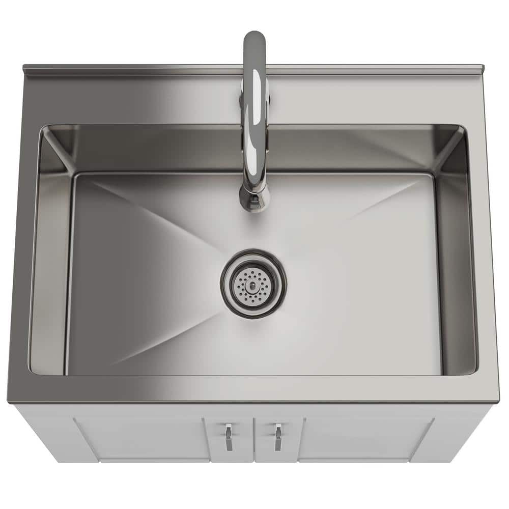 Simpli Home Modern Wide Shaker Transitional 28 in. Wall Mount Laundry Sink with Cabinet Faucet and Stainless Steel Sink in White