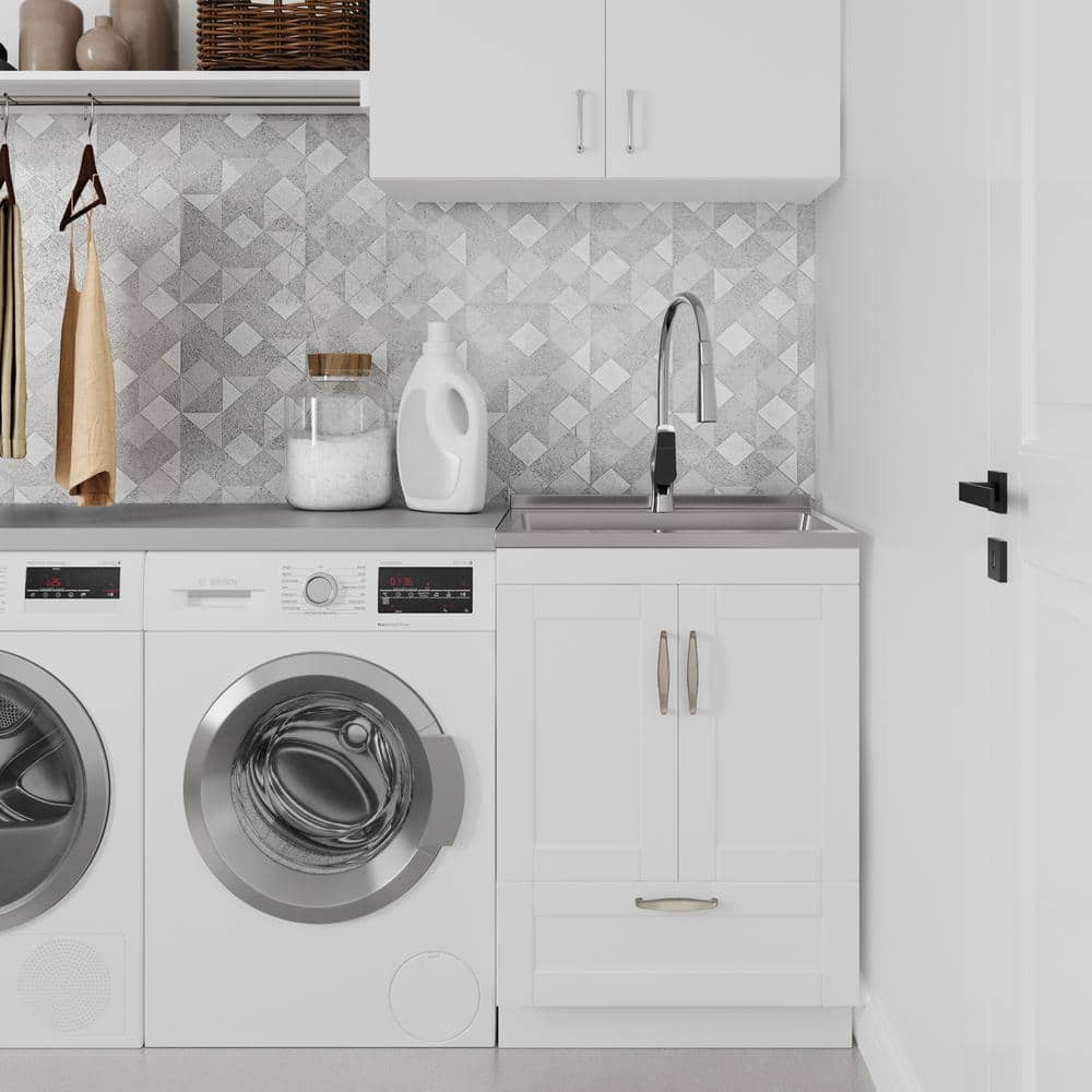 Simpli Home Reed Transitional 24 in. Deluxe wall mount Laundry sink with Cabinet Pull-out Faucet and Stainless Steel Sink in White