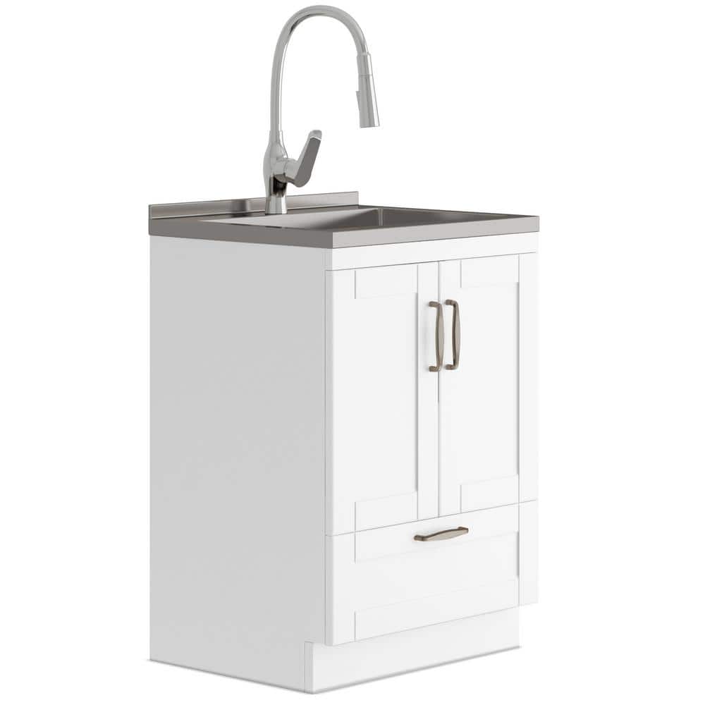 Simpli Home Reed Transitional 24 in. Deluxe wall mount Laundry sink with Cabinet Pull-out Faucet and Stainless Steel Sink in White