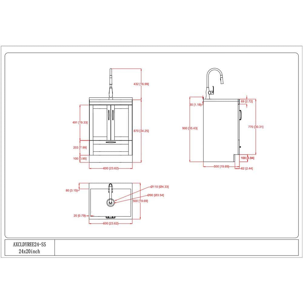 Simpli Home Reed Transitional 24 in. Deluxe wall mount Laundry sink with Cabinet Pull-out Faucet and Stainless Steel Sink in White