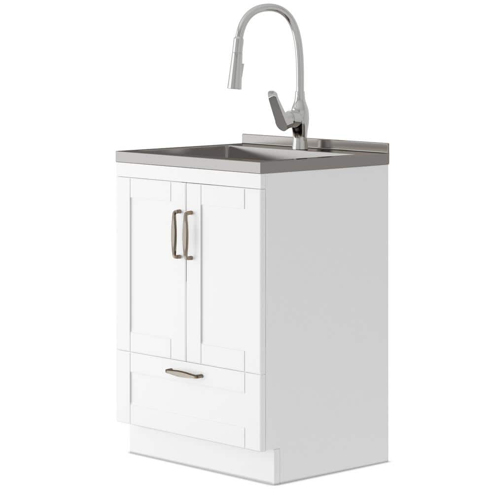 Simpli Home Reed Transitional 24 in. Deluxe wall mount Laundry sink with Cabinet Pull-out Faucet and Stainless Steel Sink in White