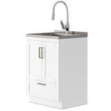 Simpli Home Reed Transitional 24 in. Deluxe wall mount Laundry sink with Cabinet Pull-out Faucet and Stainless Steel Sink in White