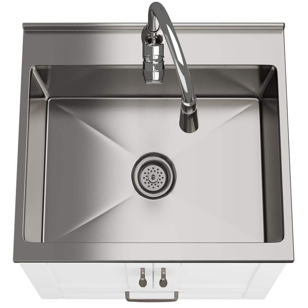 Simpli Home Reed Transitional 24 in. Deluxe wall mount Laundry sink with Cabinet Pull-out Faucet and Stainless Steel Sink in White