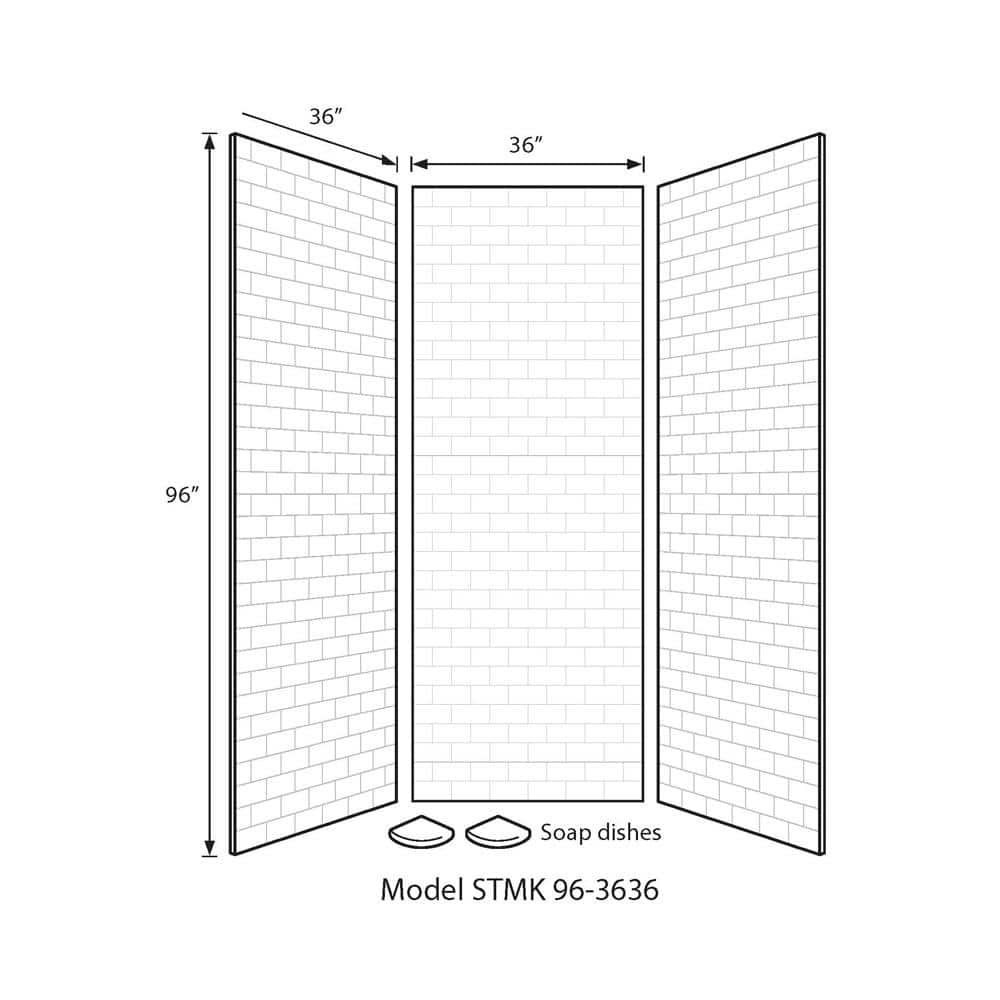 Swan 36 in. x 36 in. x 96 in. 3-Piece Solid Surface Subway Tile Easy Up Adhesive Alcove Shower Surround in White