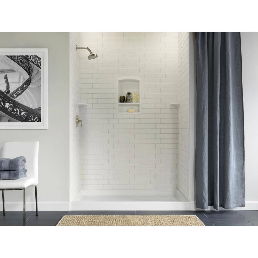 36 in. x 62 in. x 72 in. 3-piece Solid Surface Subway Tile Easy Up Adhesive Alcove Shower Surround in White