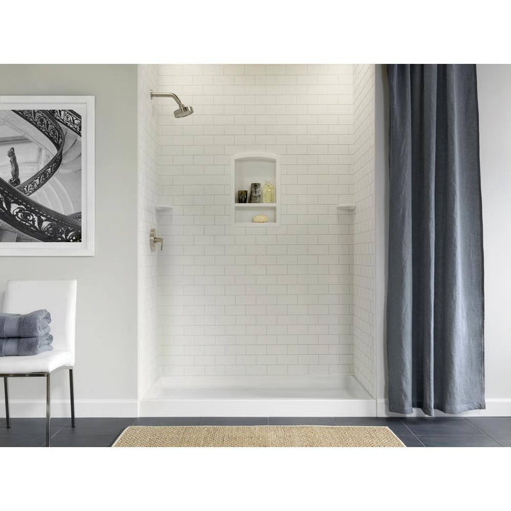 36 in. x 62 in. x 72 in. 3-piece Solid Surface Subway Tile Easy Up Adhesive Alcove Shower Surround in White