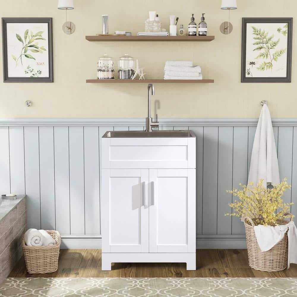 Tatayosi White Laundry Tub Cabinet with Stainless Steel Sink and Faucet