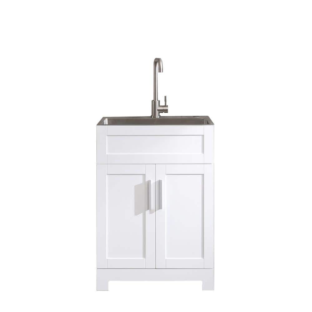 Tatayosi White Laundry Tub Cabinet with Stainless Steel Sink and Faucet