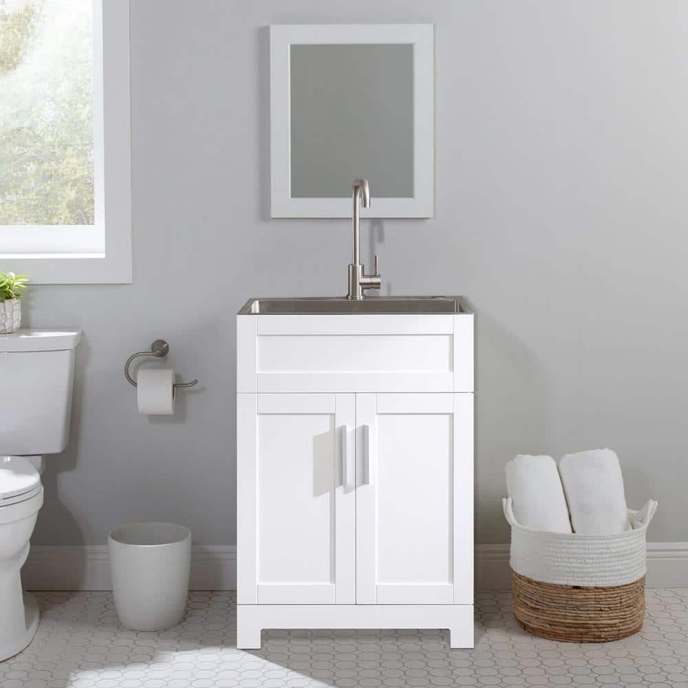 Tatayosi White Laundry Tub Cabinet with Stainless Steel Sink and Faucet