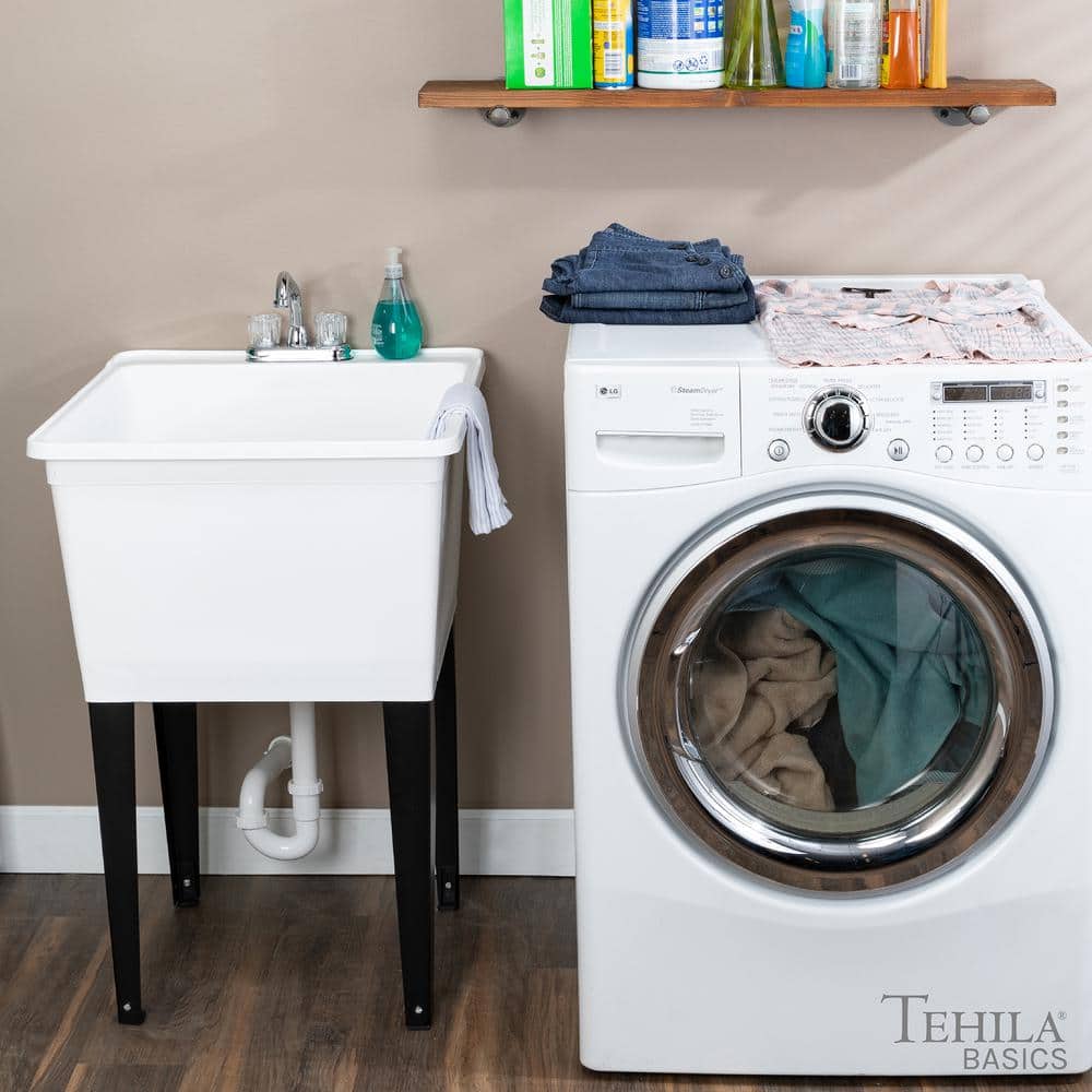 TEHILA 24.75 in. x 22.88 in. White Thermoplastic Freestanding Utility Sink with Chrome Faucet
