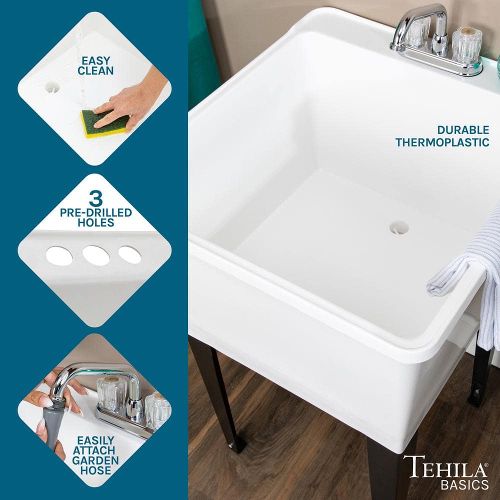 TEHILA 24.75 in. x 22.88 in. White Thermoplastic Freestanding Utility Sink with Chrome Faucet