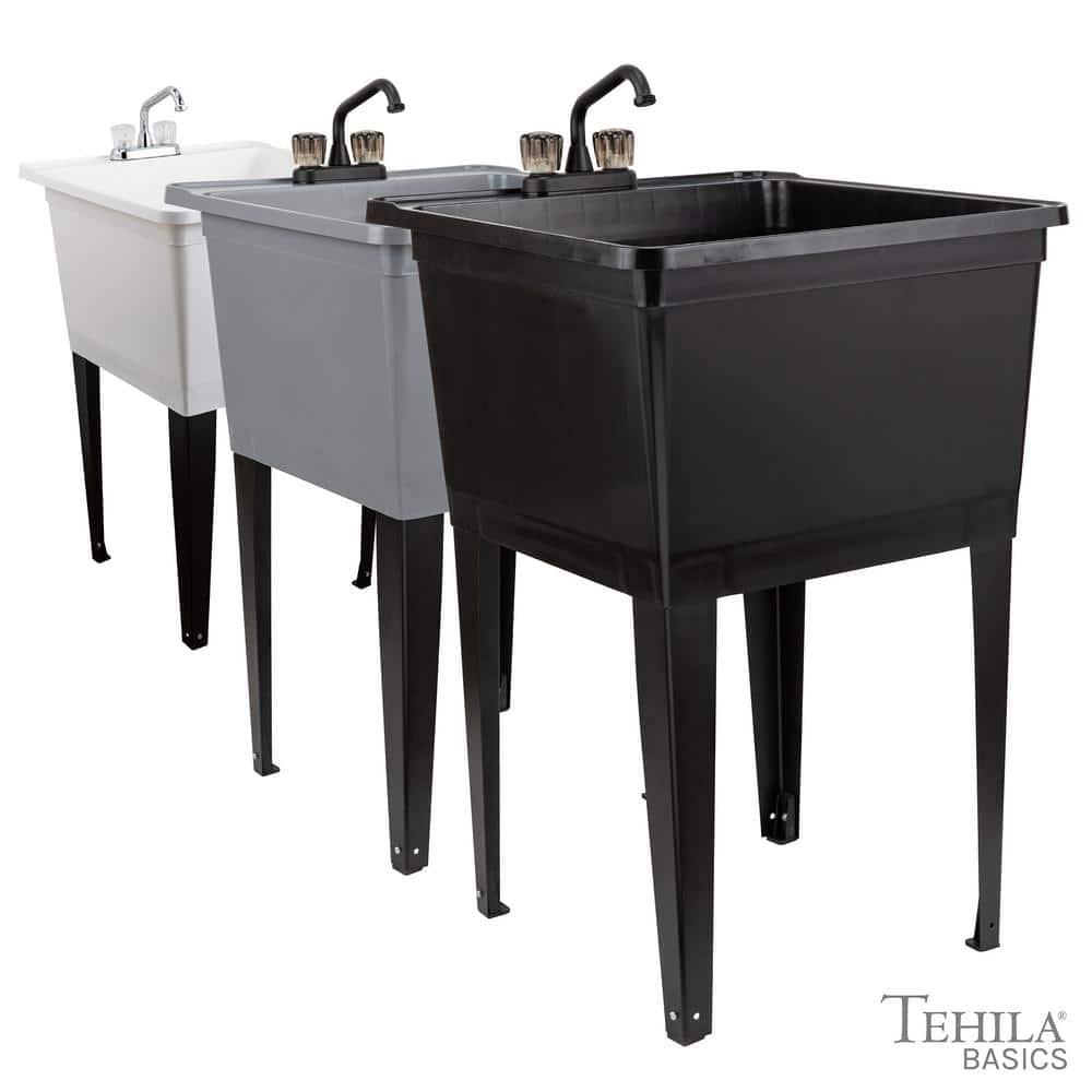 TEHILA 24.75 in. x 22.88 in. White Thermoplastic Freestanding Utility Sink with Chrome Faucet
