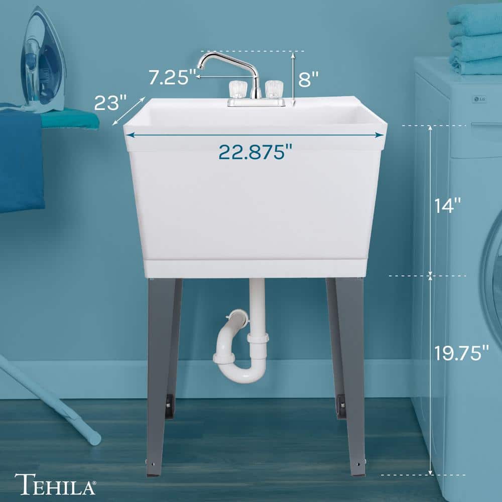 TEHILA Complete 22.875" x 23.5" White 19 Gallon Utility Sink Set with Chrome Finish Faucet