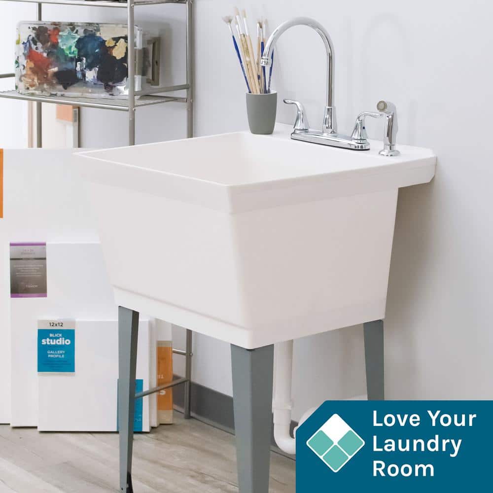 TEHILA 22.875 x 23.5 in. Thermoplastic Utility Sink Set with Chrome Faucet & Side Sprayer