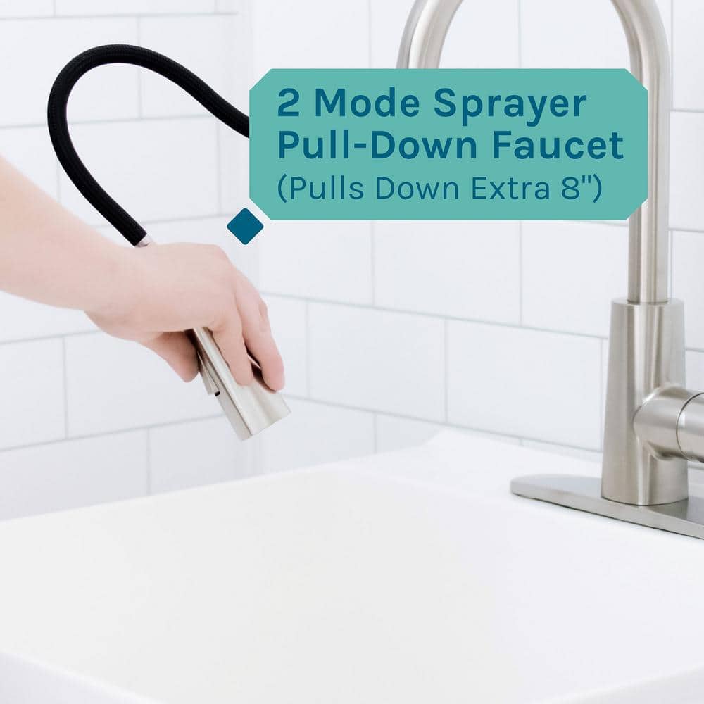TEHILA Complete 23.5 in. x 22.875 in. White 19 Gal. Utility Sink Set with Stainless Steel Pull-Down Faucet