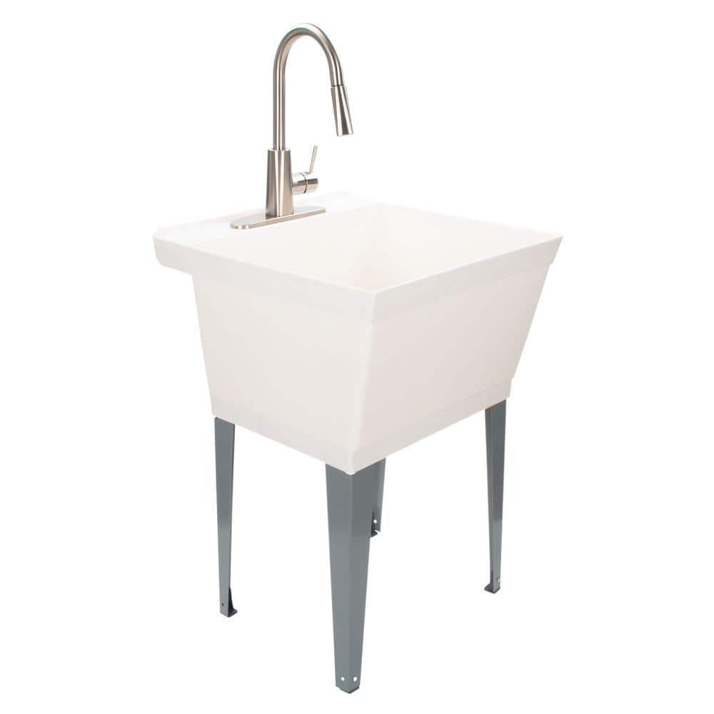 TEHILA Complete 23.5 in. x 22.875 in. White 19 Gal. Utility Sink Set with Stainless Steel Pull-Down Faucet
